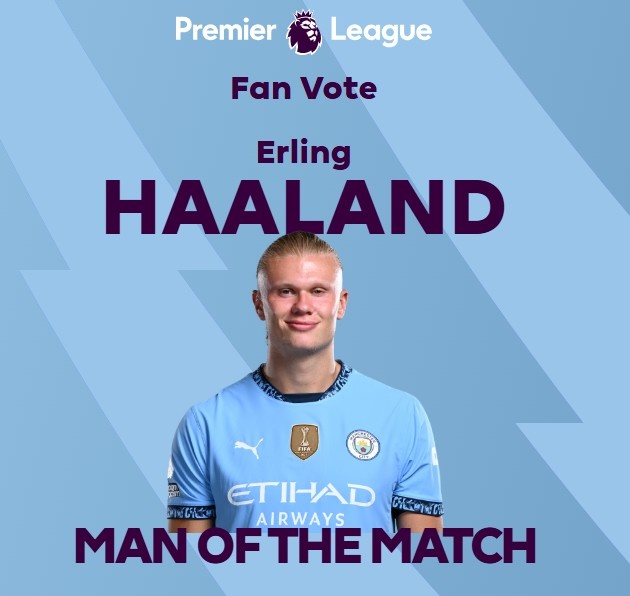 打進致勝球！英超官方：哈蘭德當選曼城1-0熱刺全場最佳球員