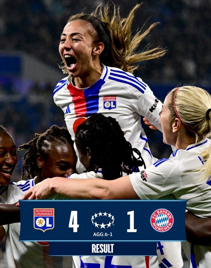 里昂女足4-1大勝拜仁女足，總比分6-1晉級女足歐冠半決賽
